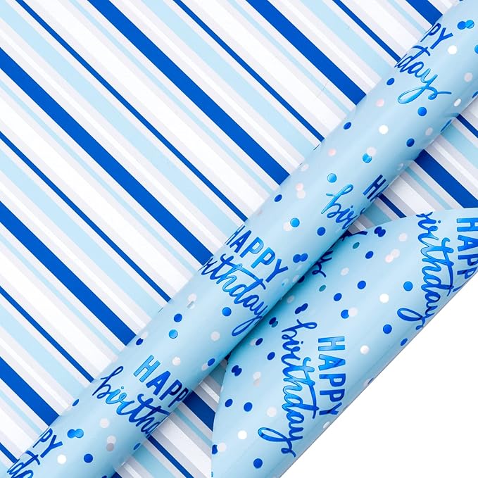 LeZakaa Reversible Blue Birthday Wrapping Paper Roll for Boys Men, Happy Birthday Lettering & Stripe Pattern with Metallic Foil in Blue, 30in x 32.8Ft
