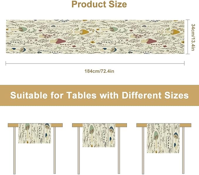Mushroom Table Runner,Colorful Wild Plants and Fungus Botanical Plants Pattern Print Burlap for Hotel Indoors Outdoor Dining Room Kitchen Holiday Party, 13x108in