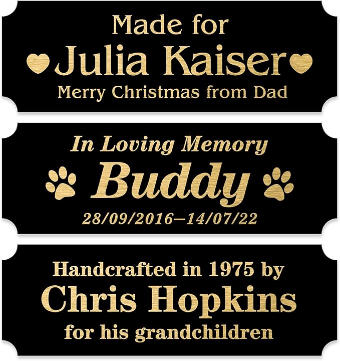 Personalized Name Plates, Black Engraved Plaque with Gold Text, Trophy Plates Engraved, Custom Name Plate with Adhesive Backing or Screws, 6" W x 2" H