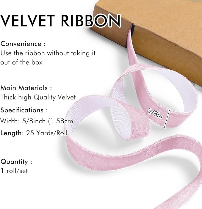 Pink Velvet Ribbon 5/8'' 25 Yards for Christmas Tree, Gift Wrapping, Flower Bouquet, Wreath Decorations, Bow Making