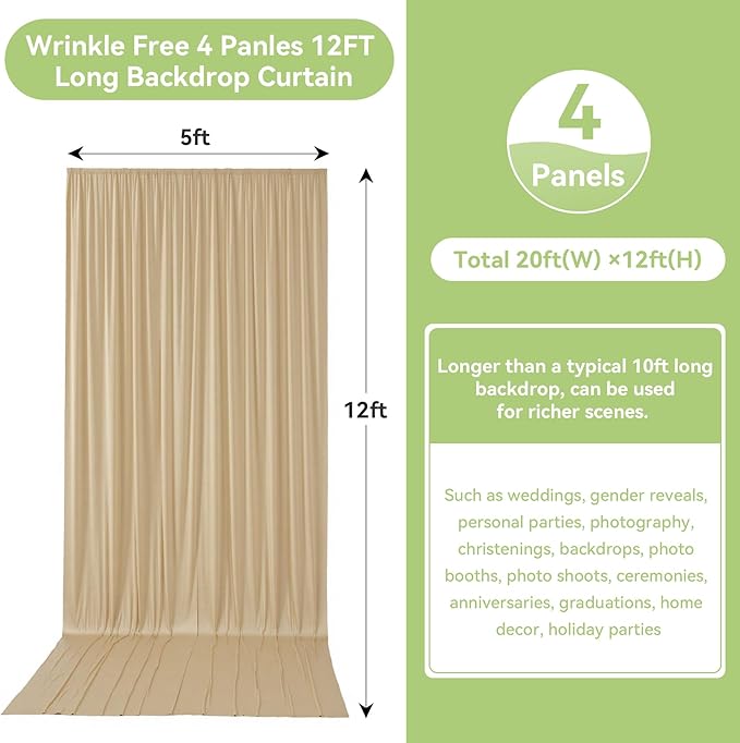 20ftx12ft Wrinkle Free Beige Backdrop Curtain, 4 Panels 12FT Height Beige Wedding Backdrop Drapes, Silky Polyester Back Drop Cloth for Birthday Photography Background Party Backdrop Draping