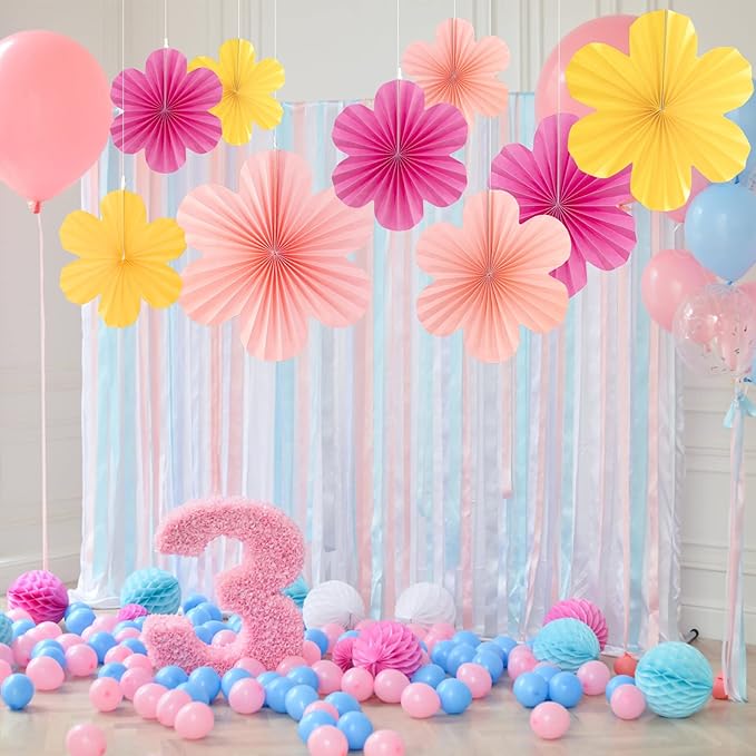 SUNBEAUTY 9 PCS Paper Flowers Decorations for Wall Paper Fans Classroom Decoration Paper Floral Backdrop Decor Paper Fans Decoration