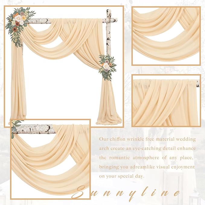 2 Panels Wedding Arch Draping Fabric 20Ft Length x 28" Width Champagne Arch Drapes Chiffon Fabric Sheer Curtains Backdrop for Party Bridal Decorations Wedding Ceremony Ceiling Stage Reception Decor