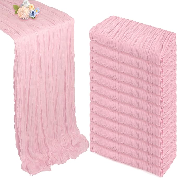 12 Pack Pink Cheesecloth Table Runner 10ft Boho Gauze Fabric Cheese Cloth Table Runner 35 x 120 Inch Rustic Sheer Runner for Romantic Wedding Decor Baby Shower Party Table Centerpiece Decoration