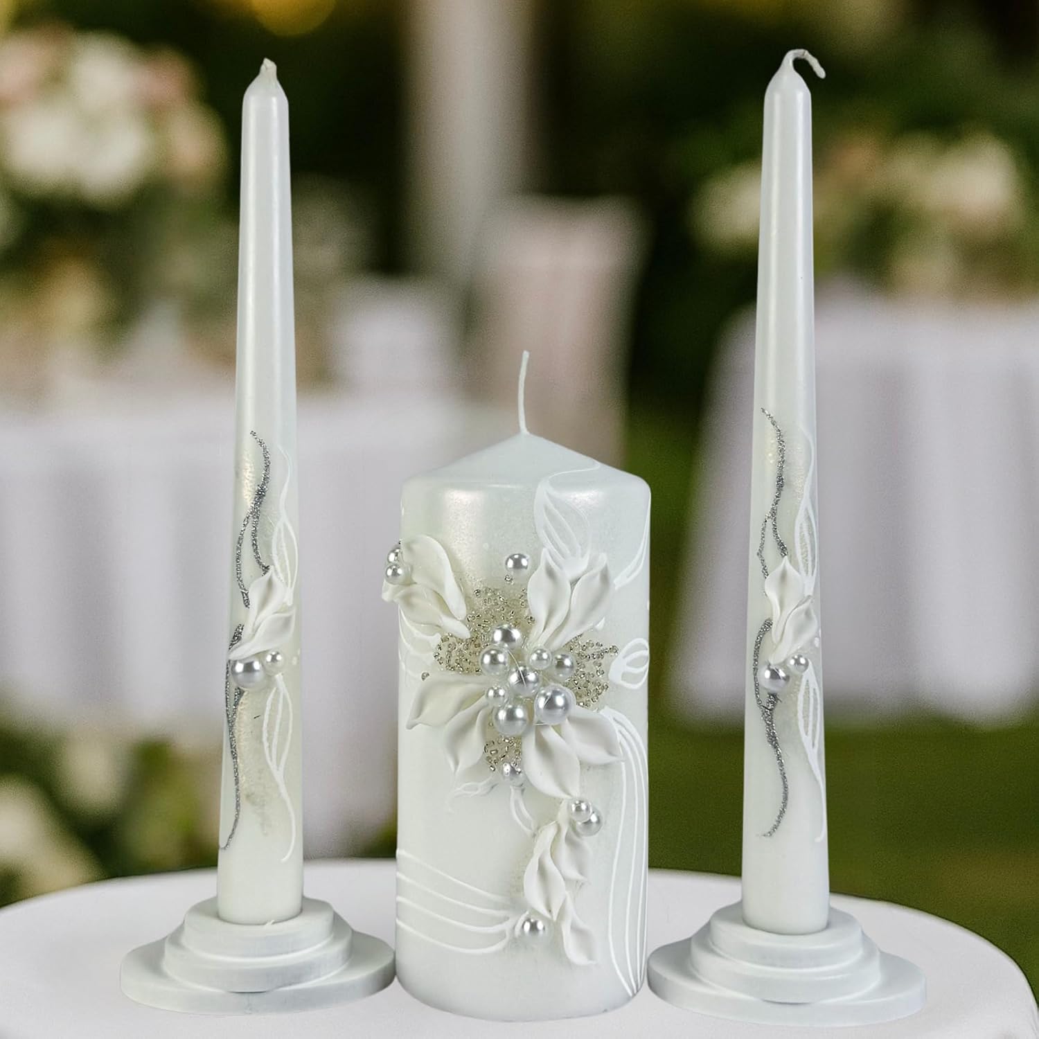 Unity Candle Set - Wedding Ceremony & Reception – 6” Pillar & Two 10” Taper Candles – Long Burning Unity Candles for Marriage Ritual – Handmade in USA – Royal White