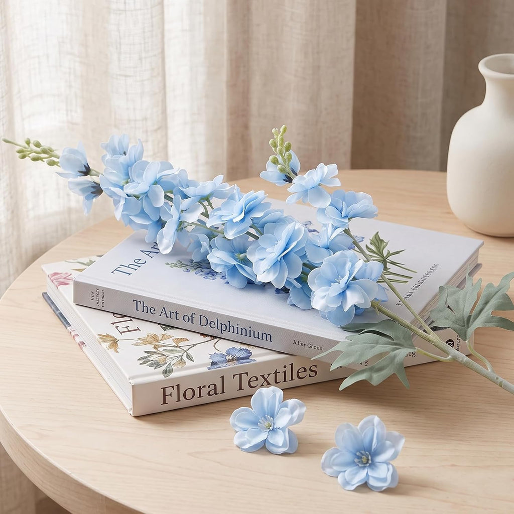 light blue delphinium artificial flower 33.5'' long stem, side view