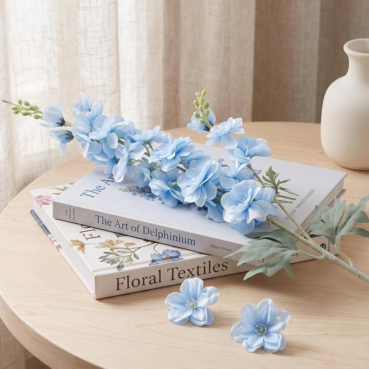 light blue delphinium artificial flower 33.5'' long stem, side view