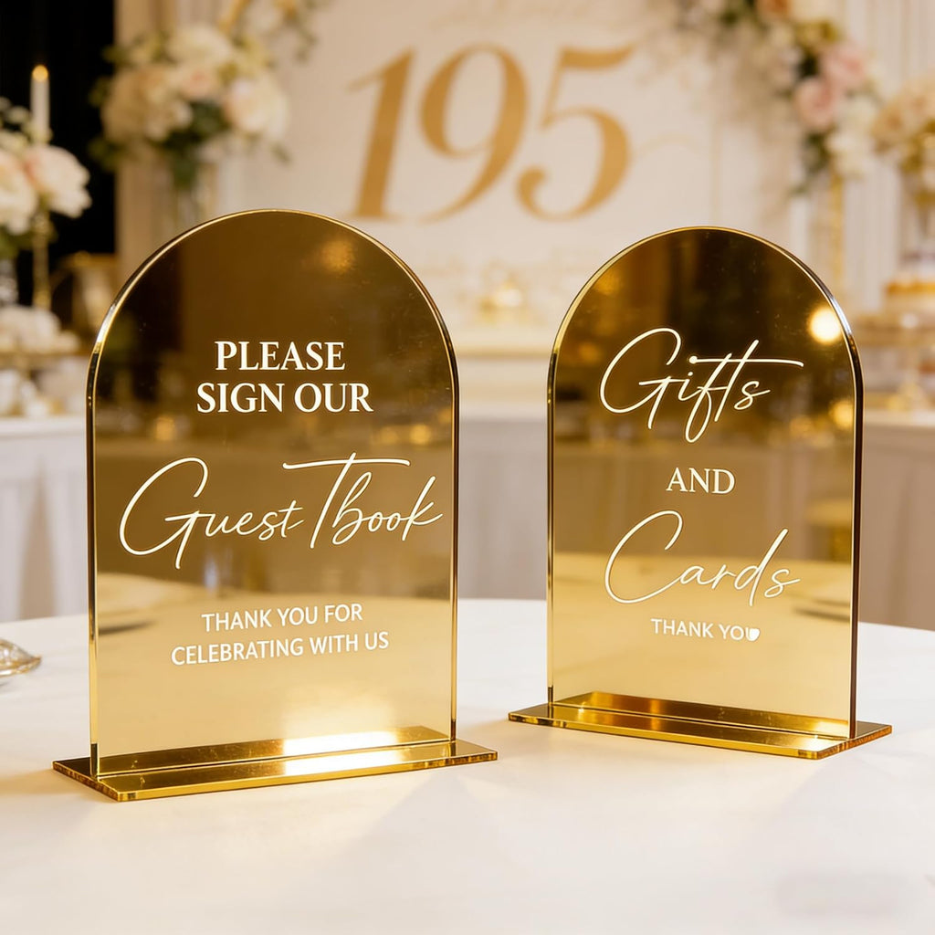 Acrylic Signs with Stand, 5x7 inch Gold mirror, Arched Wedding Table Signs and Base, 1/8" Thick Arch TableTop for Wedding Reception & Event Party Table (Cards and Gifts Sign and Guest Book Sign)