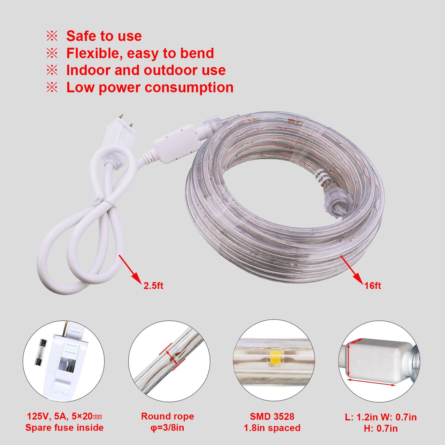 Outdoor 16ft Red LED Rope Lights, 120V IP65 Waterproof | 108 LEDs, IP65 PVC tube, ETL plug, clips and screws; connects up to 192ft for outdoor runs