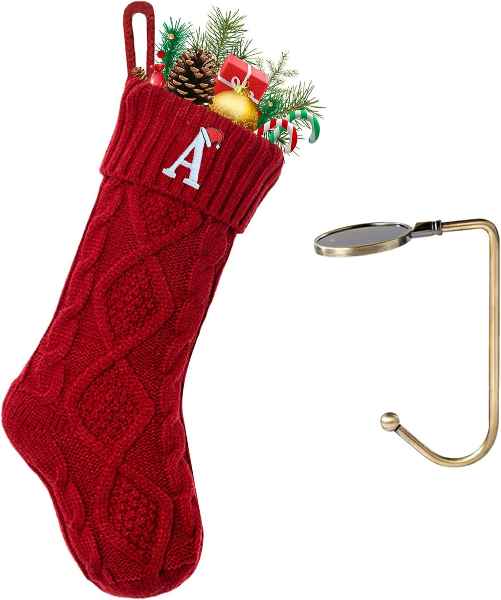Christmas Stockings with Initials, Letter A Embroidered Xmas Stockings, 18" Large Monogram Knitted Xmas Stocking, Christmas Party Fireplace Family Hanging Stocking Decorations(1 Pack, Red)