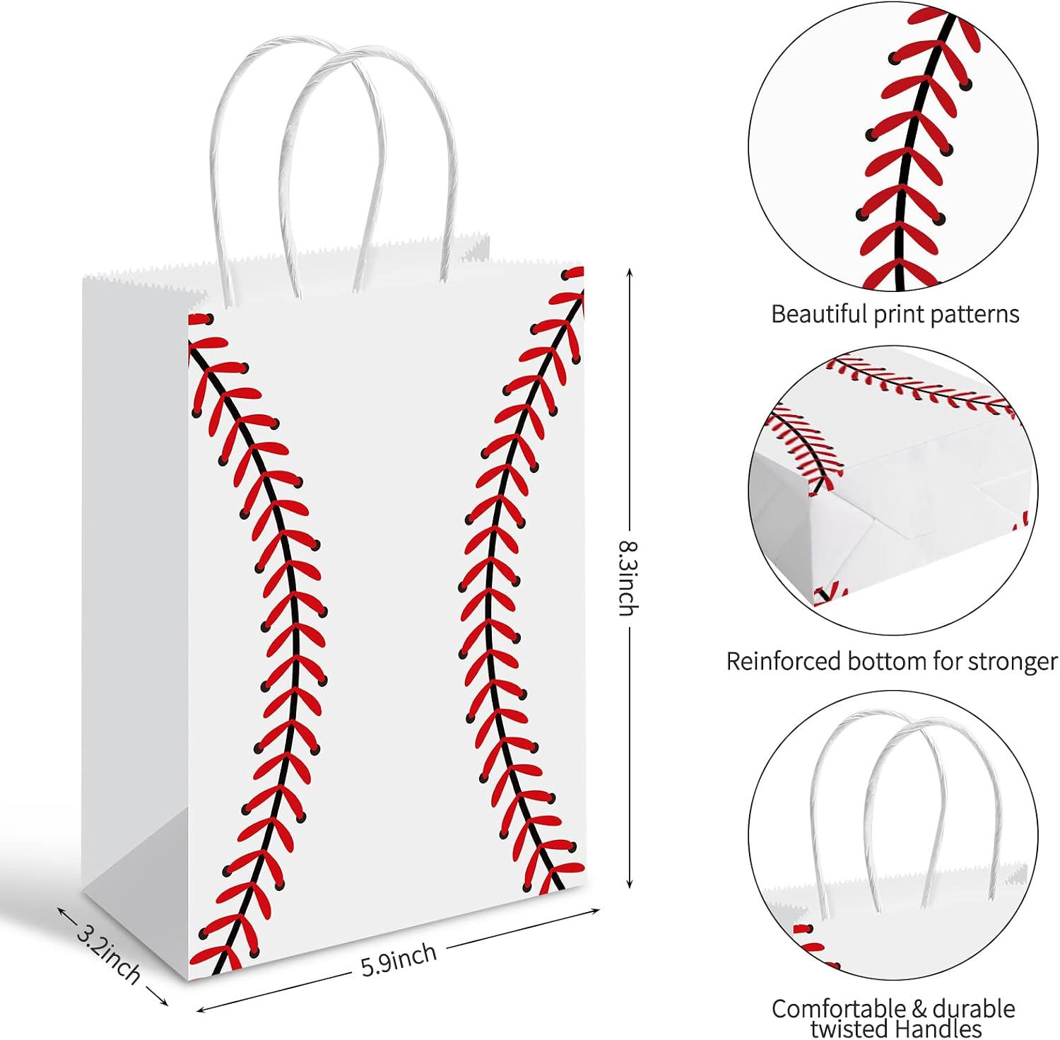 Generic 16 PCS Baseball Party Gift Bags, Baseball Pattern Gift Bag, 5.9 x 3.2 x 8.3 inches, Red, Smooth Finish, Polypropylene, 16 Count, Birthday Party Supplies for Kid Adult