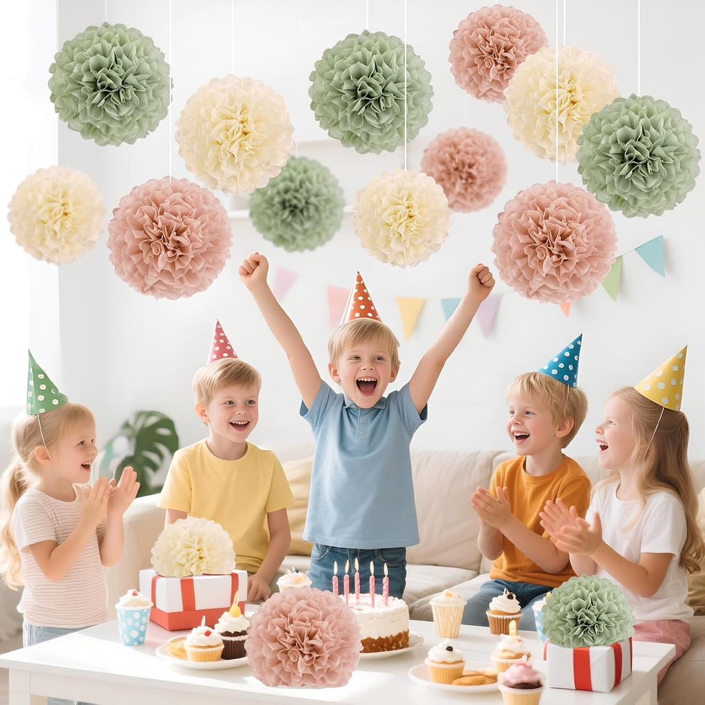 EASY JOY Sage Green Tissue Pom Poms Paper Flowers Decorations Natural Green Boho Hanging Décor for Safari Jungle Party Bridal Shower Baby Shower Home Decor Nursery Birthday Backdrop 15PCS