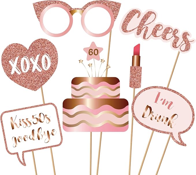 60th Birthday Party Photo Booth Props and Signs, Rose Gold 60 Birthday Party Selfie Props Kit with Sticks for Girls Women, Sixty 60th Happy Birthday Party Decorations Supplies Favors