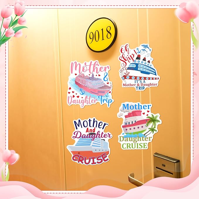 Hoteam 4 Pcs Mother Daughter Cruise Door Decorations Magnetic Large Cruise Ship Door Magnets Funny Waterproof Nautical Magnets for Carnival Cabin Stateroom Fridge Car