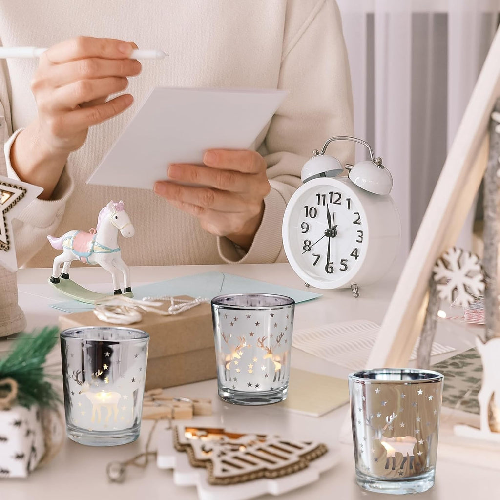 Silver Votive Tealight Candle Holders 12PCS Christmas Candle Holders with Carved Reindeer for Xmas Table Centerpiece Decoration