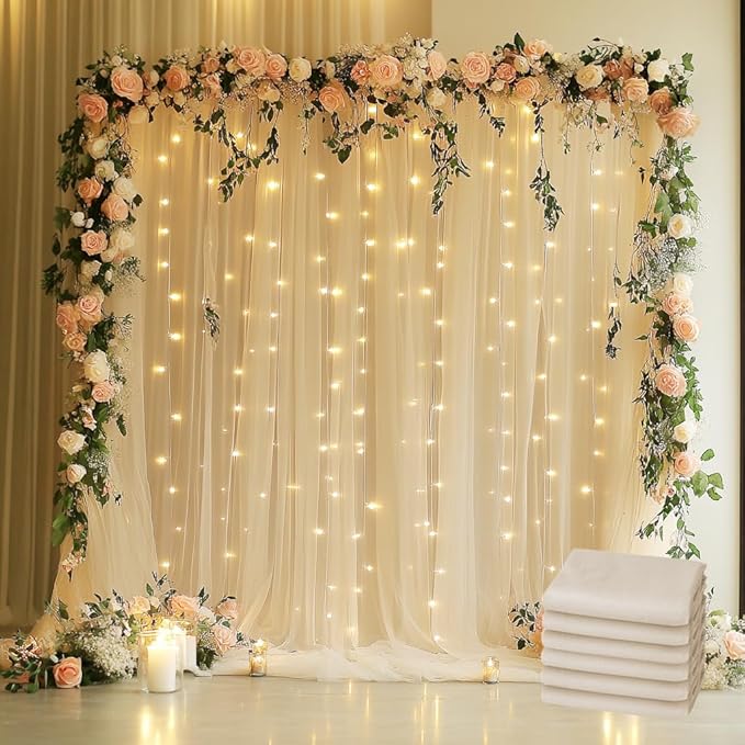 Tulle Backdrop Curtain with Lights String 30 X 8FT Champagne Sheer Tulle Backdrop Curtains for Wedding Birthday Party Reception Photo Booth Background Decorations (6 Panels 5x8FT)