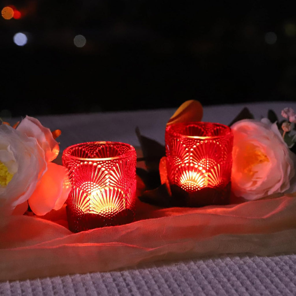 Woho Red Votive Candle Holders Set of 12 for Boho Wedding Table, Ginkgo Leaves Design Tealight Candle Holder Vintage for Christmas Decorations, Glass Tea Lights Candle Holder for Valentines Day Decor