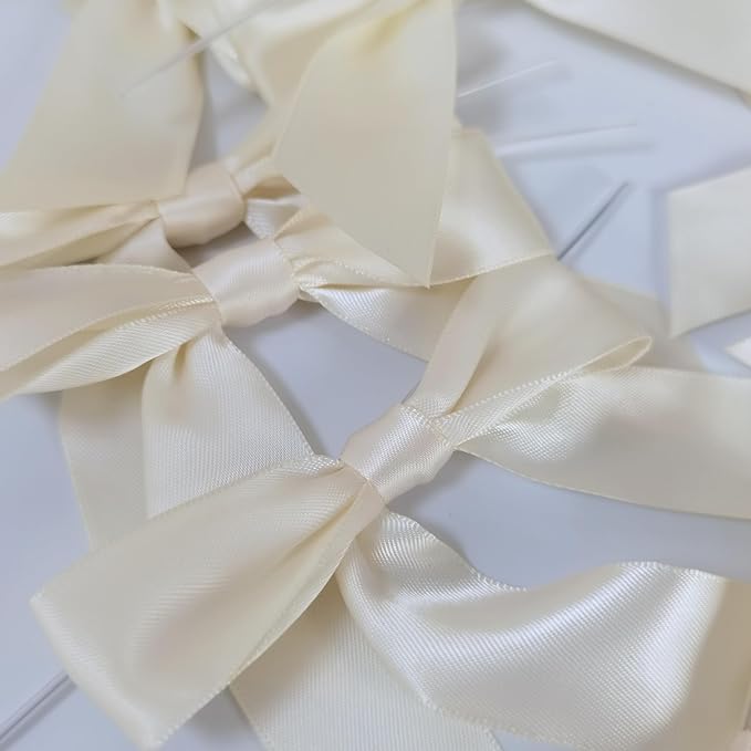 50pcs 3-1/2" Mini Satin Ribbon Bows with Twist Ties for Crafts Cream Color for Gift Wrapping Packing Holiday Candy Decoration (3.5"-Ivory)