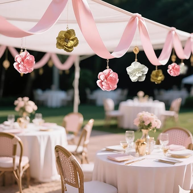 BRT Bearingshui Crepe Paper Flowers Decoration for Wall Total 9 Pcs, Artificial Flowers Backdrop for Wedding Decor Baby Bridal Shower Birthday Party, Pink White Gold 3D Wall Flowers Decor