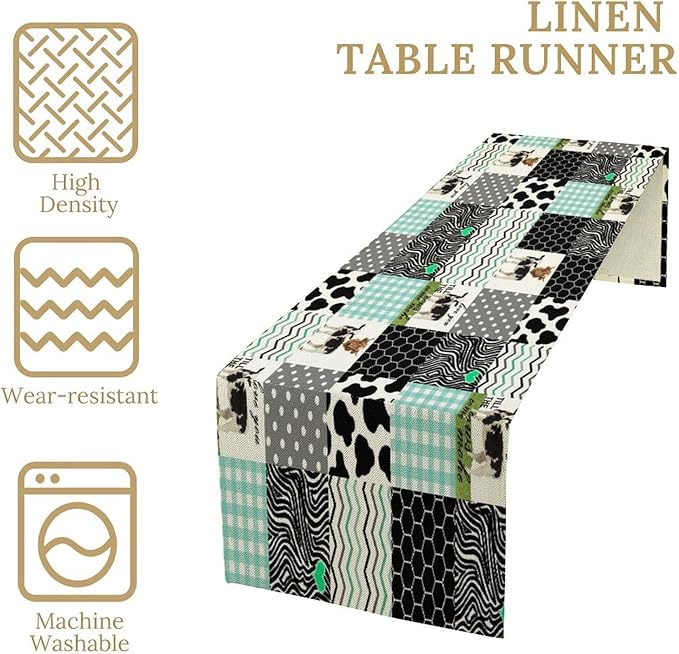 Cute Cow Print Table Runner,Farm Animals Honeycomb Plaid Stripes Cowhide Pattern Tablecloth Burlap for Hotel Indoors Outdoor Dining Room Kitchen Table Decor, 13x36in
