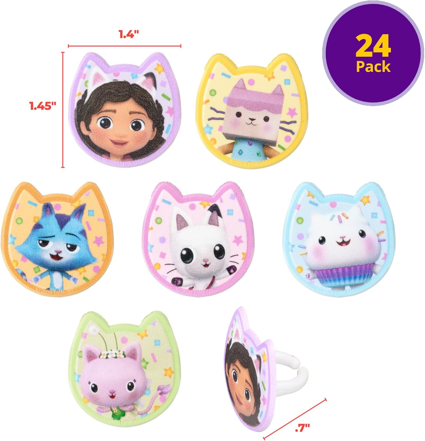 DecoPac DreamWorks Gabby's Dollhouse Rings, 24 Cupcake Decorations Featuring Gabby, Pandy Paws, Irresistible Kitty Characters, and Super Fun Adventures! - 24 Pack