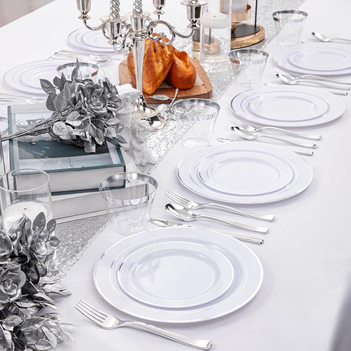 WELLIFE 300Pcs Silver Elegant Plastic Dinnerware Set for 50 Guests - Premium ...