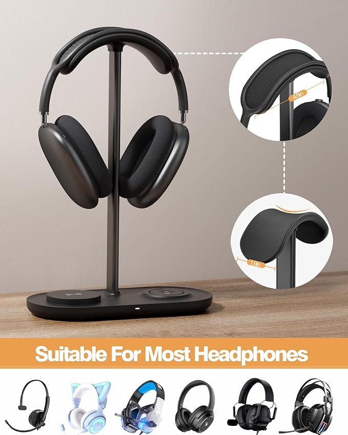 HiWe Universal Headphone Stand, Magnetic Wireless Charger for iPhones/AirPods/iWatch, Aluminum Alloy Rod, Leather Pad, ABS Solid Base, Black