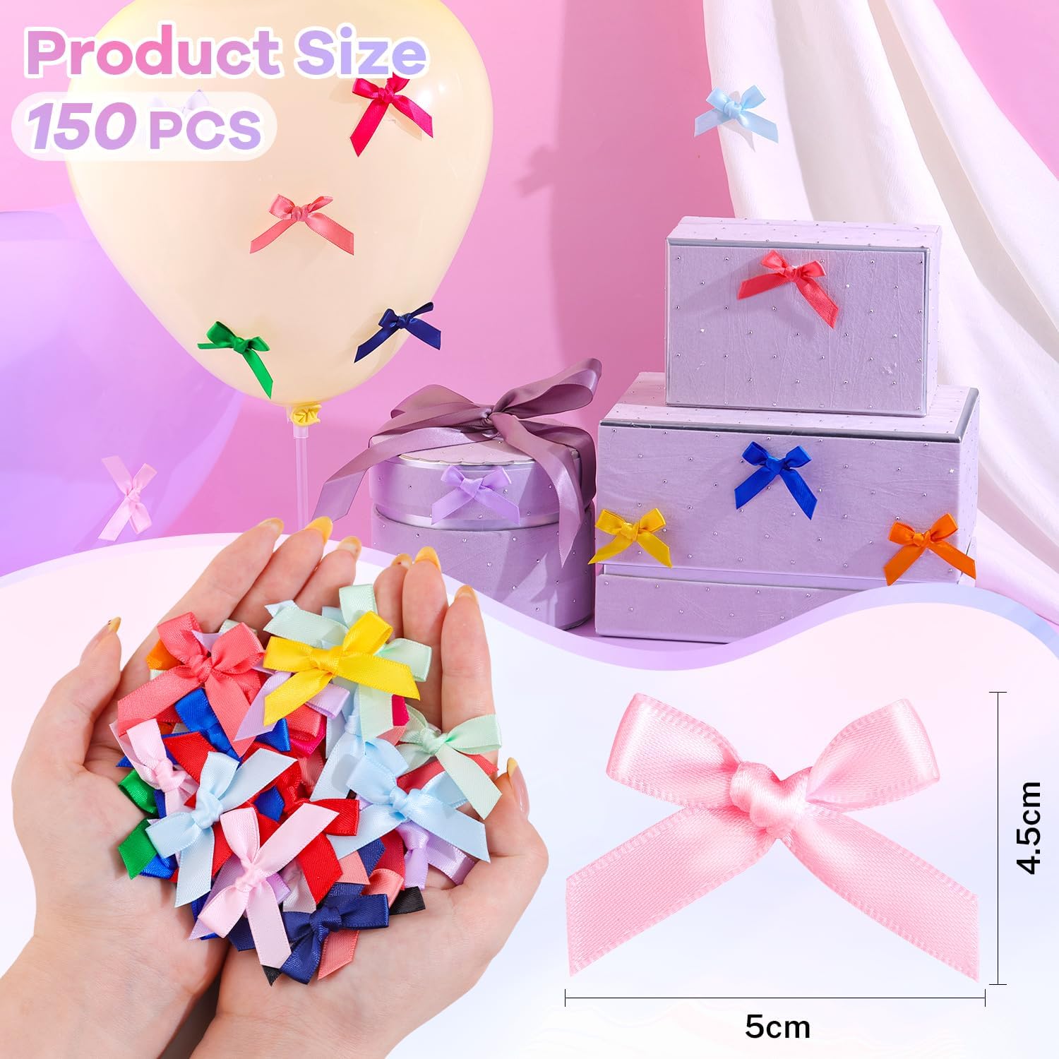 150PCS Tinkrstuff Colorful Mini Bows for Crafts, 1.5*2" Fabric Small Bows for Decoration,Satin Ribbon Tiny Bow for Clothes Ornament, Christmas Tree Bows &Thanksgiving Gifts Party Cake Balloon Treats
