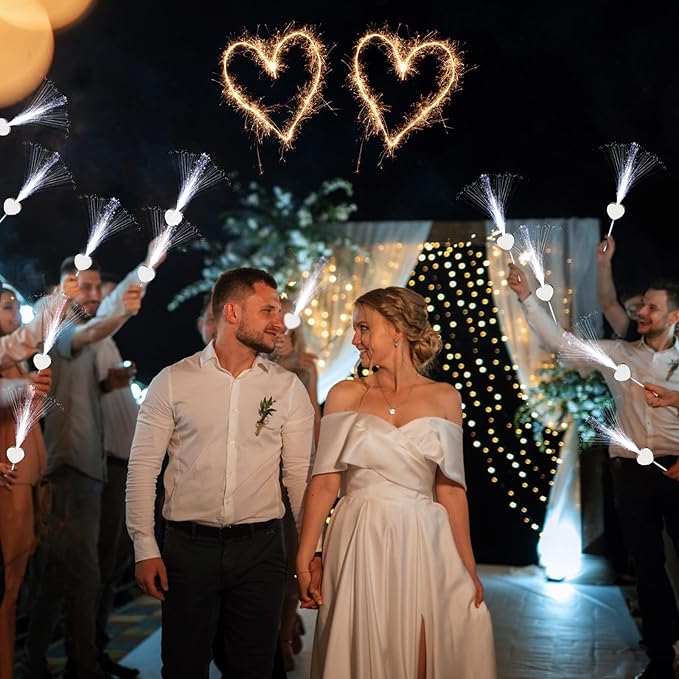 50 Pcs Wedding Sparklers Heart Shaped LED Glow Sticks Fiber Optic Wands Light up Wand with 3 Light Mode for Wedding Bridal Shower Birthday Glow in The Dark Party Supplies (White)