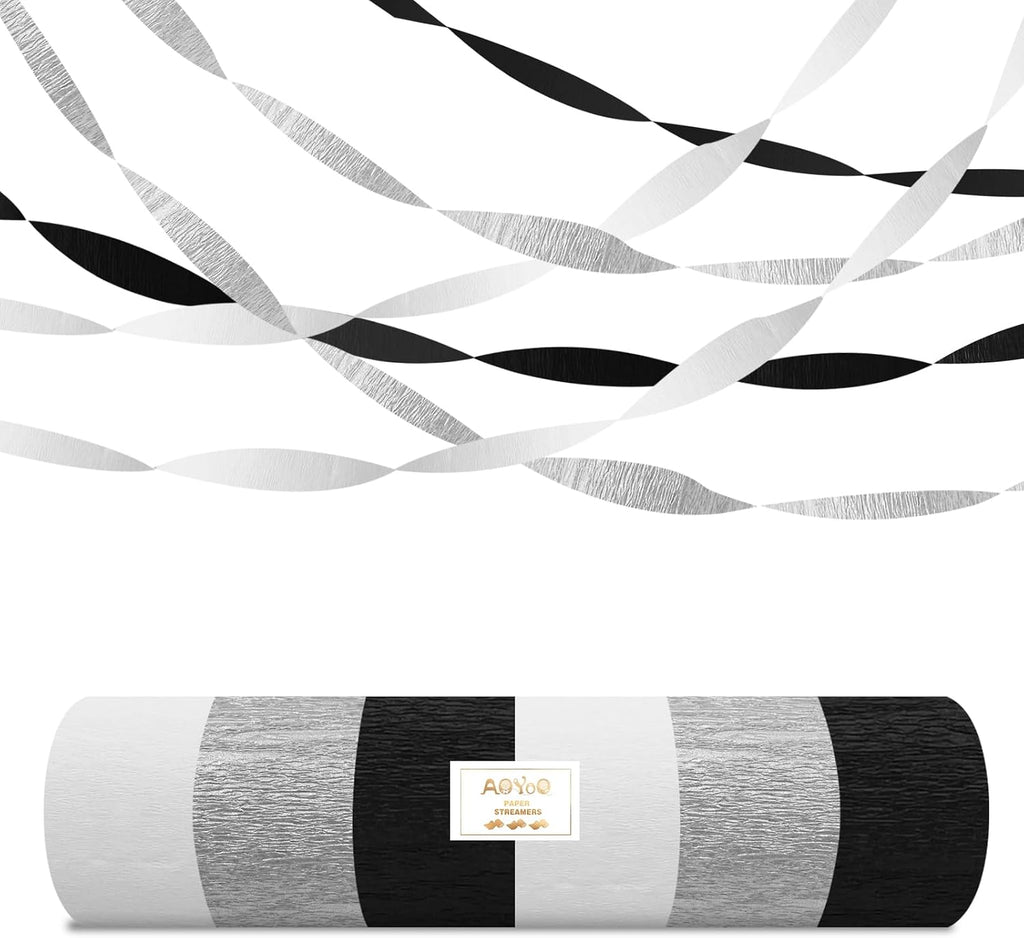 Black Silver White Crepe Paper Streamers - 6 Rolls Party Streamer Decorations for Graduation 2026, New Year's Eve, Birthday, Wedding, Retirement Party Supplies - Silver & Black Hanging Backdrop Decor