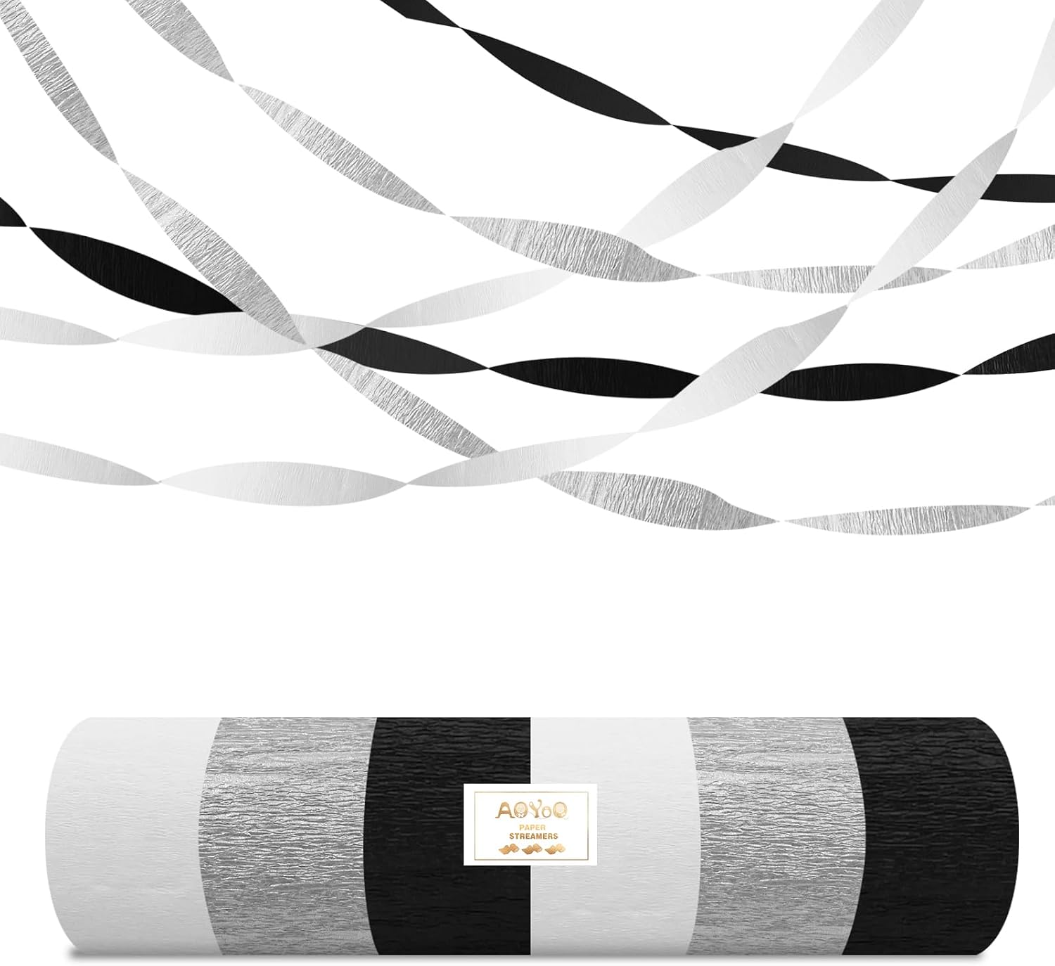 Black Silver White Crepe Paper Streamers - 6 Rolls Party Streamer Decorations for Graduation 2026, New Year's Eve, Birthday, Wedding, Retirement Party Supplies - Silver & Black Hanging Backdrop Decor