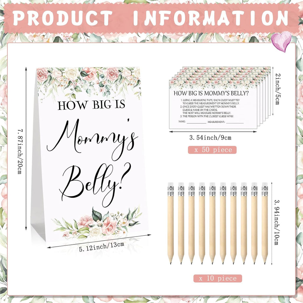 Sabary 64 Pcs Baby Shower Games Include How Big is Mommy's Belly Sign Measure Bump Game 50 Cards 10 Pencils 3 Measuring Tapes for Baby Shower Gender Reveal Party Supplies(Flower)