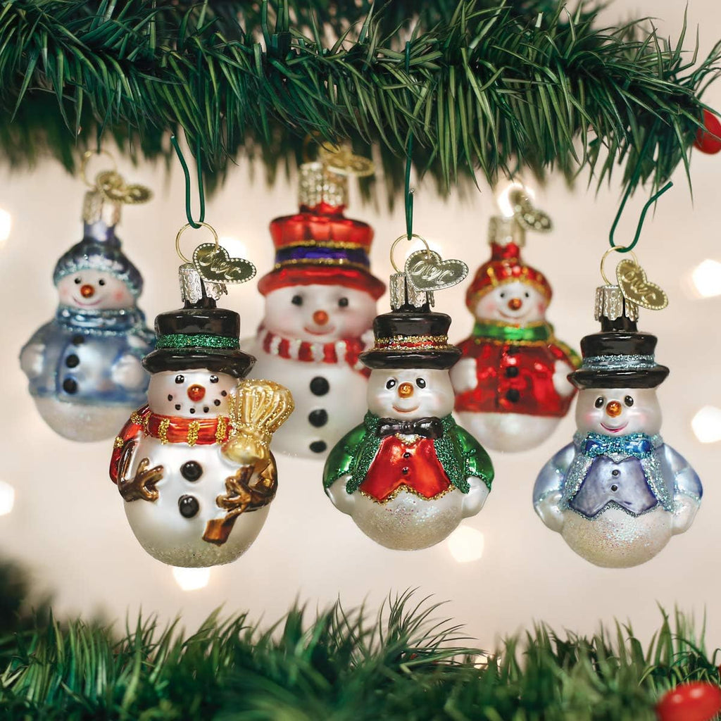 Old World Christmas Mini Snowman Set Glass Blown Ornament for Christmas Tree, Handcrafted Holiday Decoration, Set Collection
