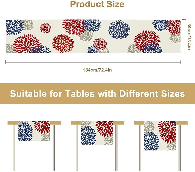 4th of July Table Runner, Blue Red Dahlia Flower American Patriotic Memorial Day Table Runner for Farmhouse Kitchen Dining Table Party Decor, 13x36inch