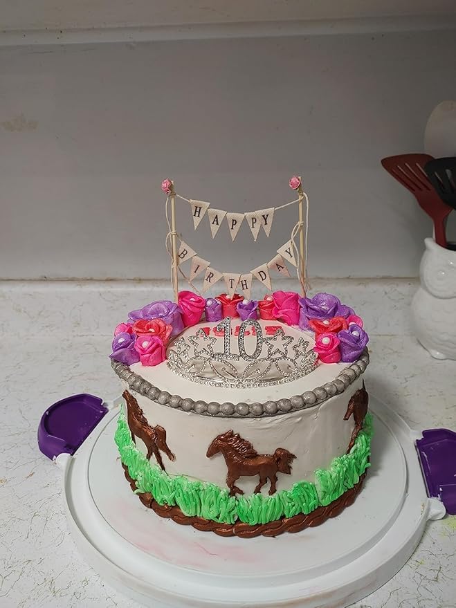Happy Birthday Cake Bunting Topper Cake Topper Garland, Handmade Pennant Flags with Wood Pole Ivory (With Pink Rose)