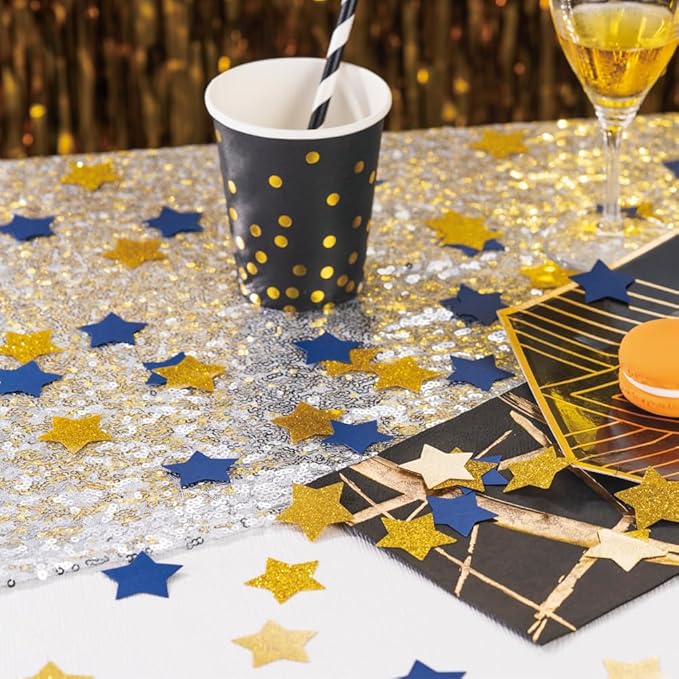 MOWO Gold and Blue Star Confetti Table Decoration for Birthday Graduation Retirement Bachelor Theme Party,1.2 inch in Diameter,200 Counts