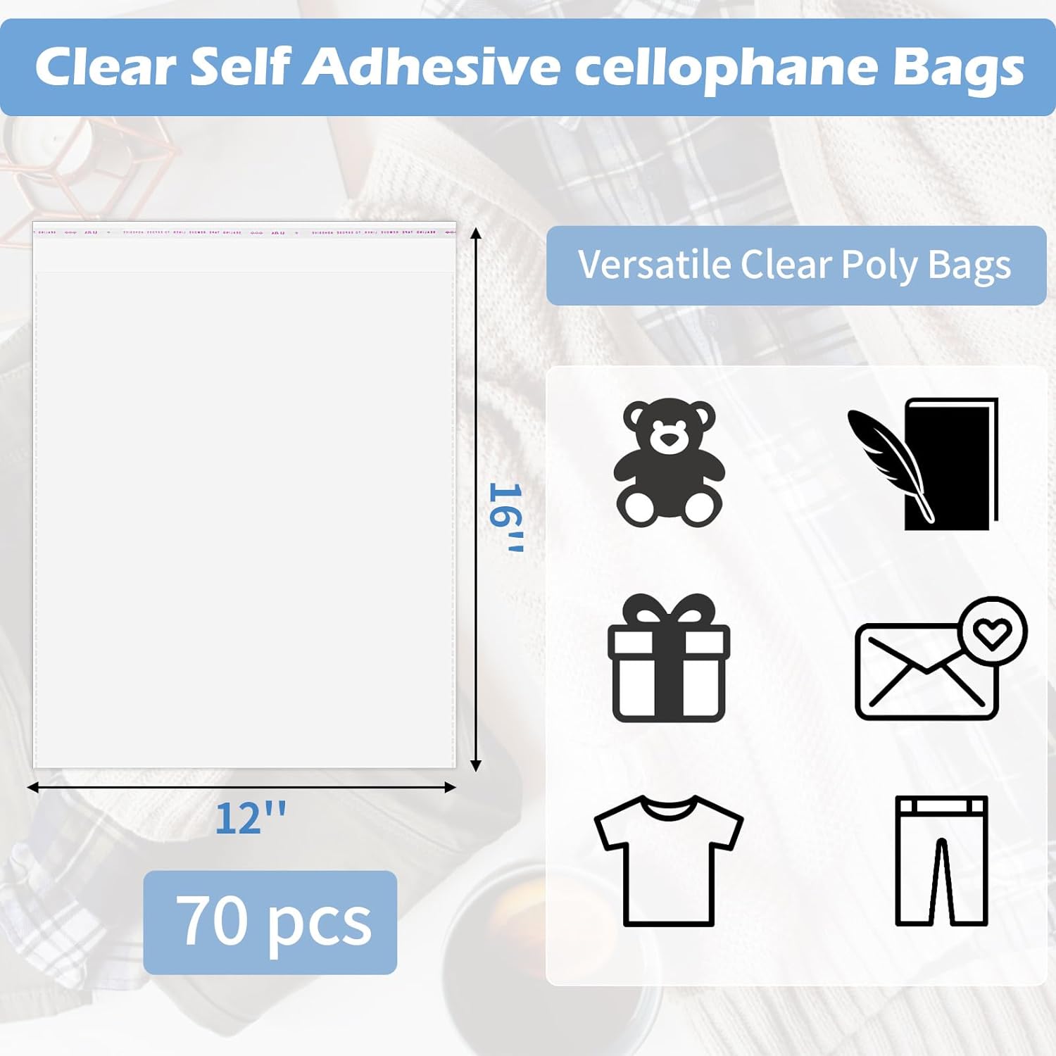 70 Pack 12x16" Clear Cellophane Bags, Transparent Plastic Bags for Shirts, Gift Wrapping, Party Favors & Artwork