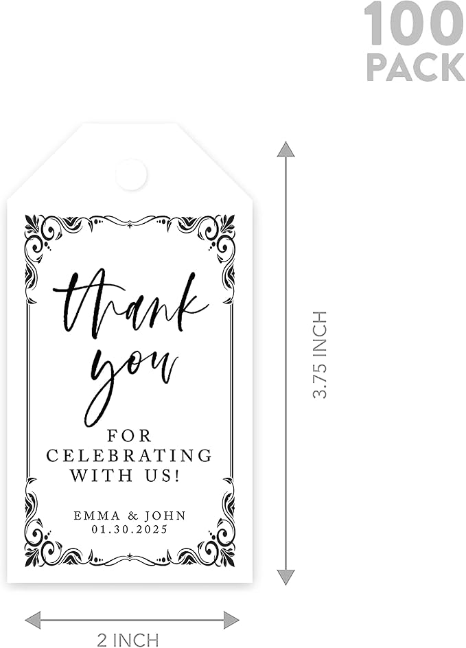 Andaz Press 100-Pack Personalized Thank You Tags with Bakers Twine Art Deco Custom Cardstock Gift Tags for Wedding Party Favors 2 x 3.75-Inches
