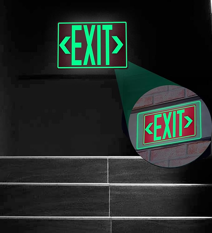 2Pack Photoluminescent Exit Sign Sticker, Glow In The Dark EXIT Signs, 12"x 7" EXIT Signs with Self-Adhesive Backing, Includes 4pcs Removable Arrows