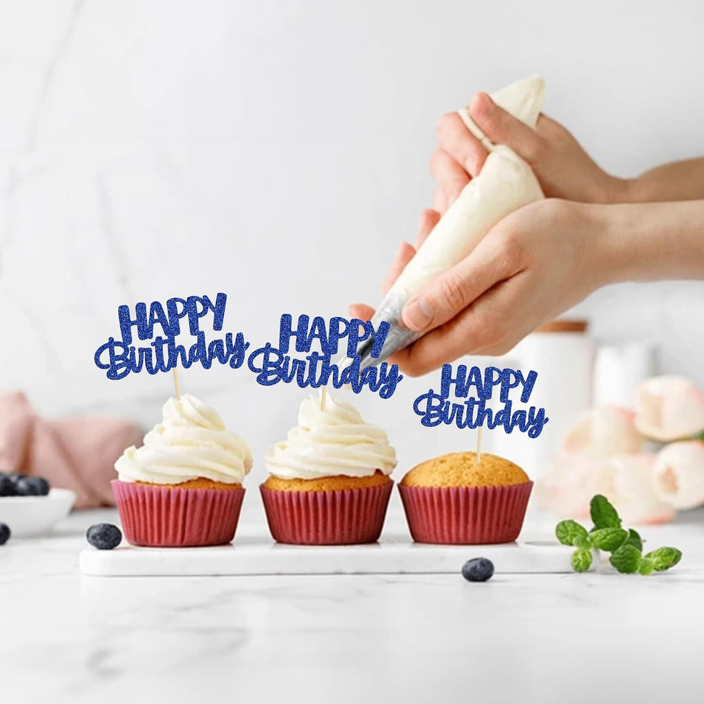 Gyufise 24Pcs Happy Birthday Cupcake Toppers Glitter Cupcake Food Picks for Celebrating Happy Birthday Theme Party Cake Decorations Supplies Deep Blue
