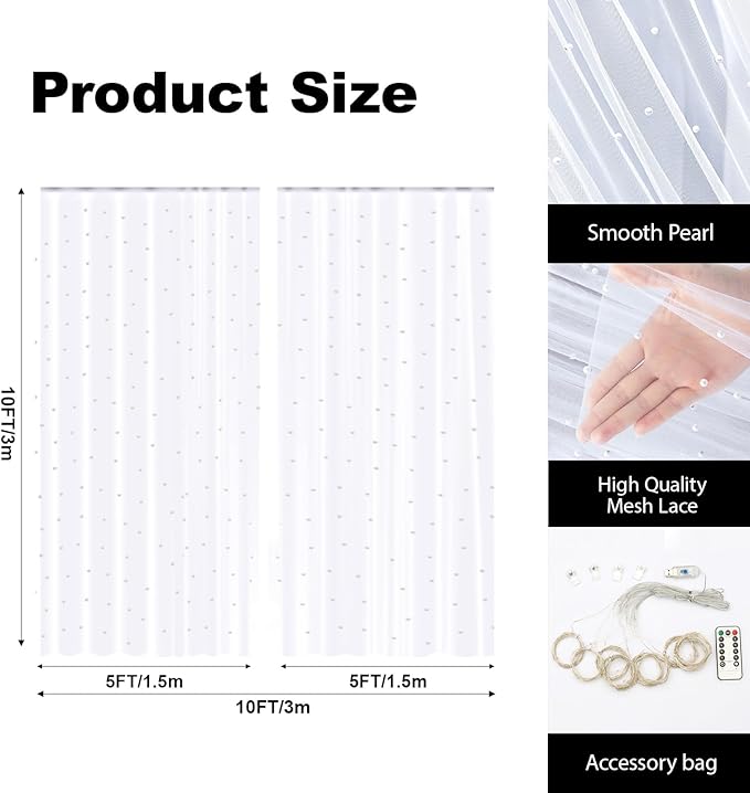 10 x 10 FT Pearl White Tulle Backdrop Curtain with Lights Strings,Wedding Background Curtain Baby Shower Birthday Parties Photo Decorations(2 Panels 5×10ft)