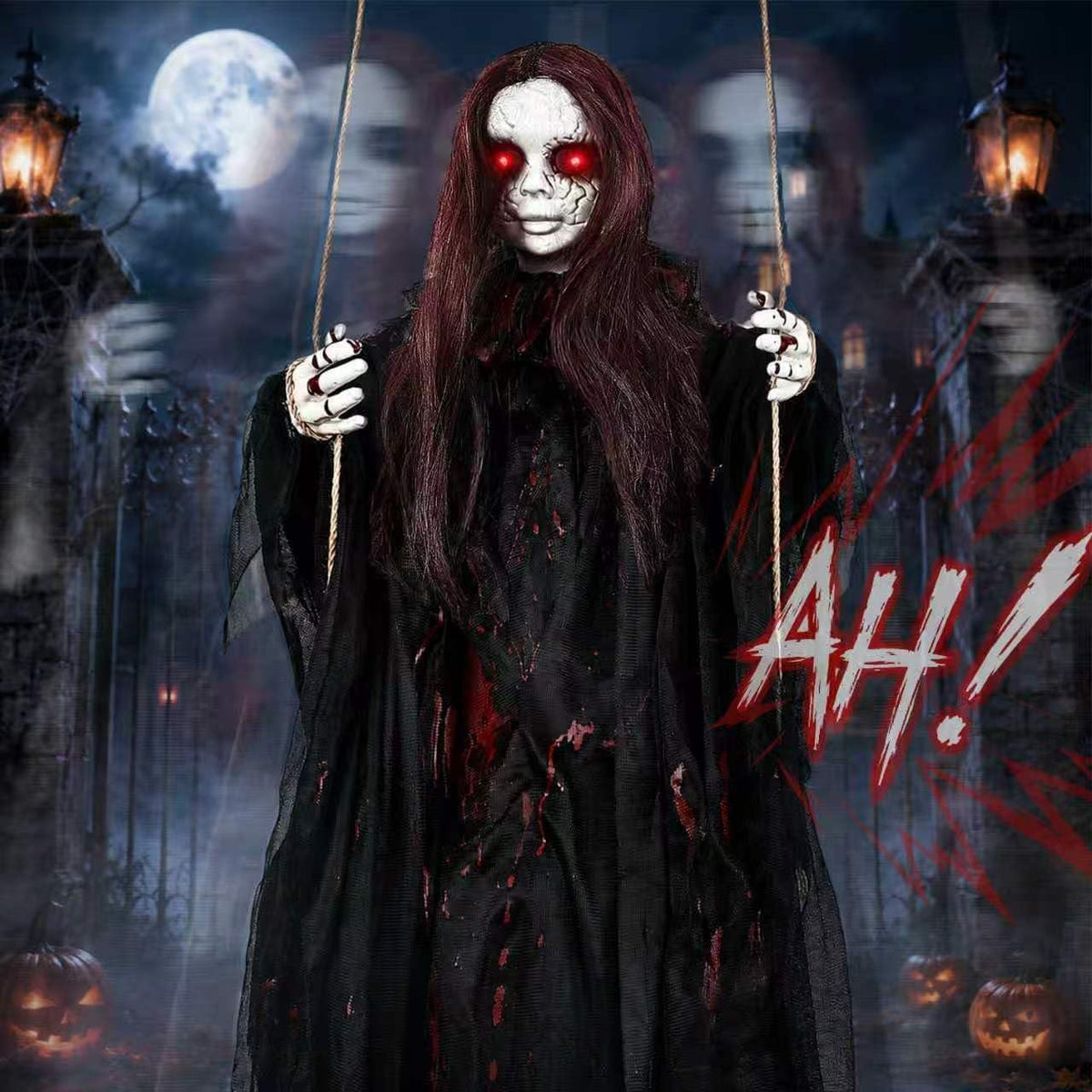 59" Scary Hanging Ghost Girl Halloween Decoration – Sound & Touch Ac...