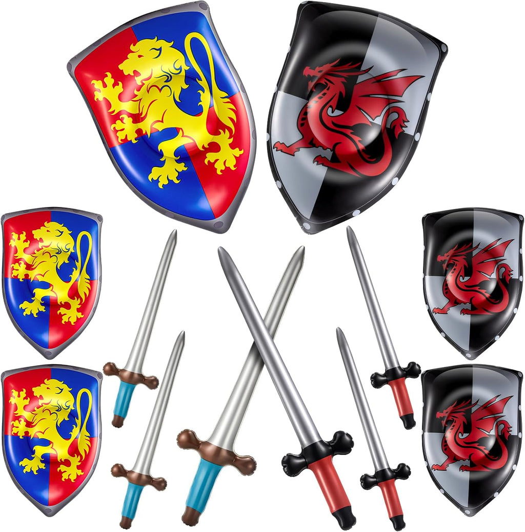 Poen 12 Pcs Inflatable Sword and Shield Knight Party Favors Set Blow up Medieval Sword Shield for Prince Party Favors Decorations Cosplay Accessories (Lion,Dragon)