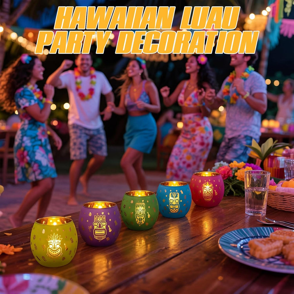 Jingmore 6 Pcs Hawaiian Luau Party Decoration Tiki Votive Candle Holder Tiki Torches Glass Candle Holder Tropical Flower Tealight Holders with 6 Laser Engraving Pattern for Hawaiian Aloha Summer Party