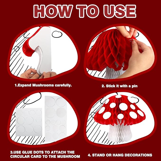 8PCS Mushroom Honeycomb Decor Mushroom Shaped Tissue Paper Pom Decorations for Jungle Wonderland Themed Birthday Party 3D Mushroom Honeycomb Centerpiece for Fairy Baby Shower Garden Decoration