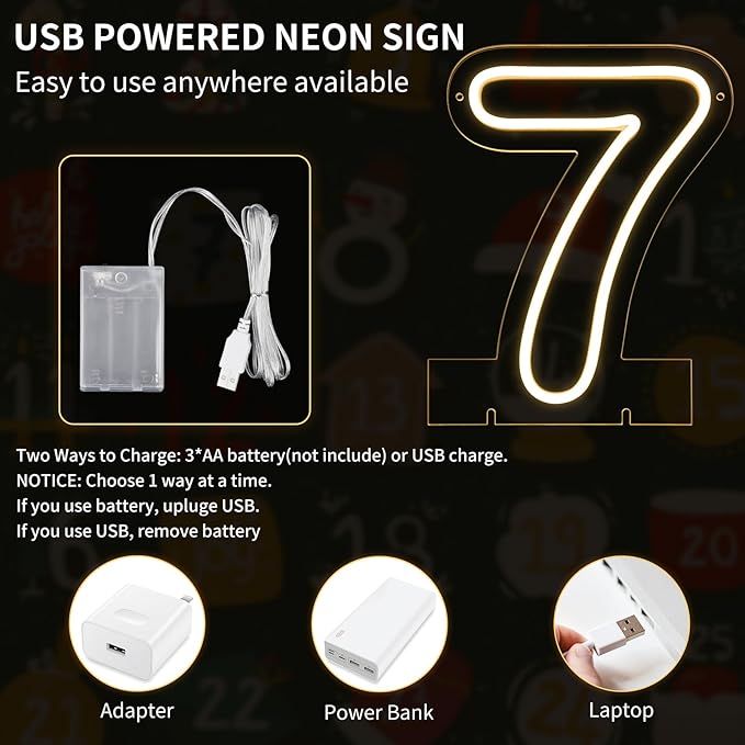 Number 7 LED Neon Sign Backdrop Birthday Party Decoration, 11.3" Height Warm White Marquee Numbers Seven Light Up Sign for Wedding Anniversary Window Wall Table, Indoor Battery Operated or USB