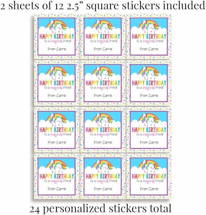 Custom & Personalized Rainbow Unicorn Happy Birthday Gift Tag Sticker Labels, 24 2.5" Square Stickers by Amanda Creation