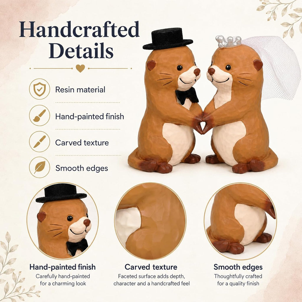 Funny Wedding Cake Toppers, Otter Bride and Groom Couple Cake Topper for Wedding Engagement Anniversary, Unique Cute Figurine Keepsake with Veil and Top Hat