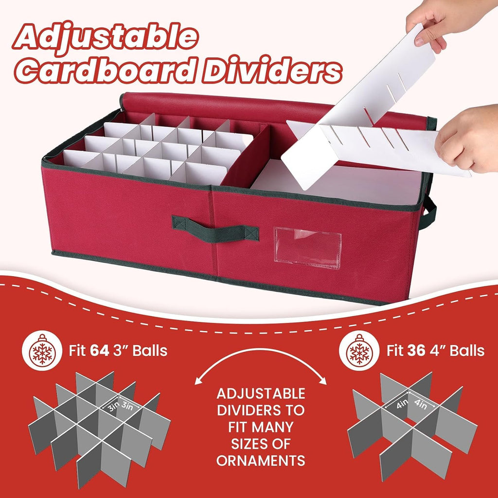BlessedSeason Christmas Ornament Storage Box -Stores Up to 64 3” Balls, Holiday Ornaments Storage with Adjustable Dividers, Visual ID Window, Dual Zipper, Handles, Stackable, Foldable Fabric Organizer