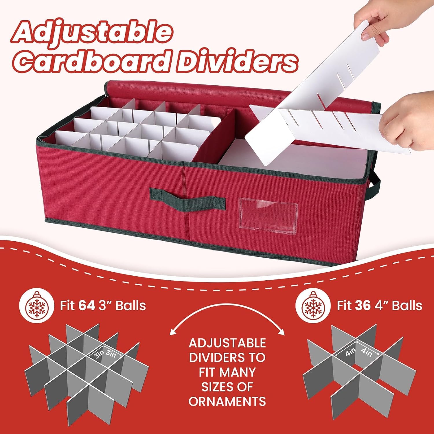 BlessedSeason Christmas Ornament Storage Box -Stores Up to 64 3” Balls, Holiday Ornaments Storage with Adjustable Dividers, Visual ID Window, Dual Zipper, Handles, Stackable, Foldable Fabric Organizer